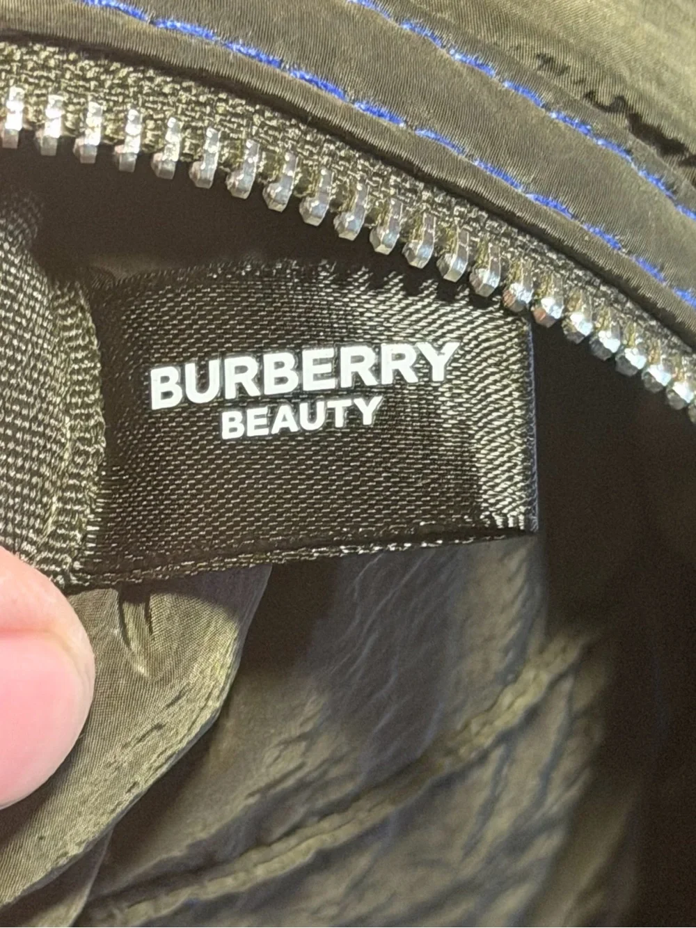 Burberry Olive Green Cosmetic Wristlet with Blue Logo Accent
